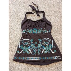 Heart Soul Brown Floral Embroidered Beaded Halter Top Y2K Boho Size M